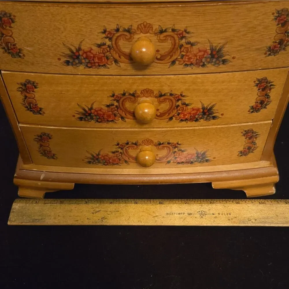 Vintage Wood Dresser Style Jewelry Box 4 Drawer Floral Painted, Cottagecore